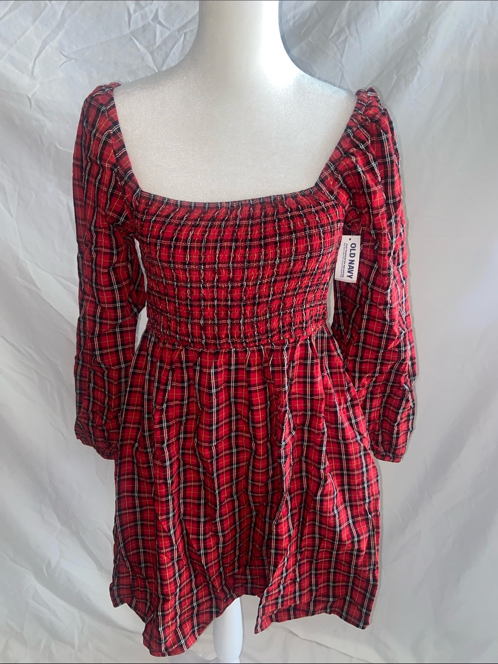 Old Navy Red Plaid Smocked Square-Neck Mini Dress Medium petite